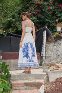 Floral Print Midi Skirt / White & Blue