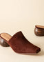 Pair of brown suede mules on a beige background