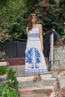 Floral Print Midi Skirt / White & Blue