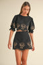 Embroidered Crop Top & Mini Skirt Set / Black